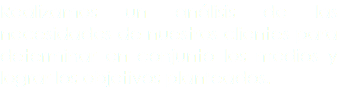 Realizamos un análisis de las necesidades de nuestros clientes para determinar en conjunto los medios y lograr los objetivos planteados.